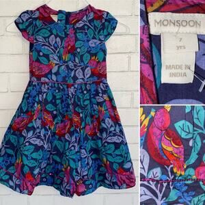 MONSOON 7 Girls Dress Cotton Bird Floral Print Dress